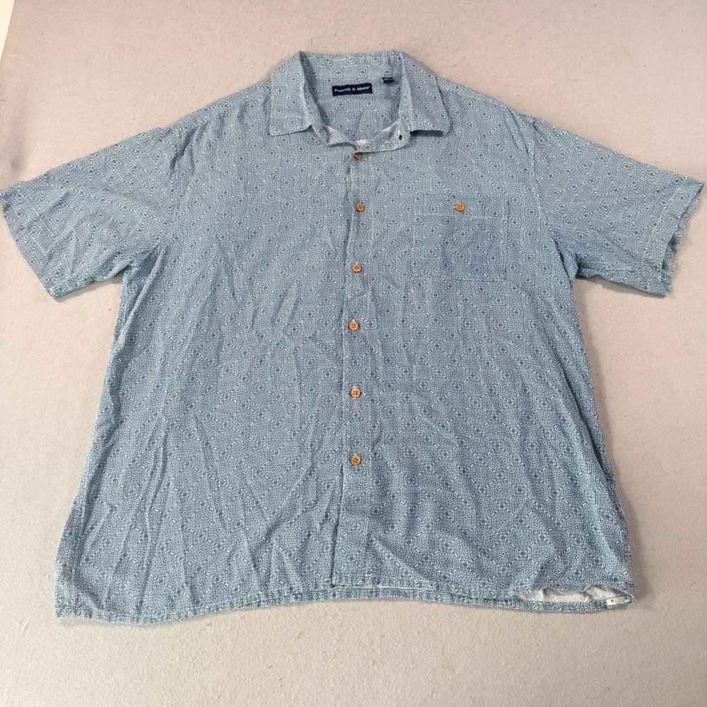 Preswick & Moore Men XL Blue Geometric Print Rayon Button Down Shirt